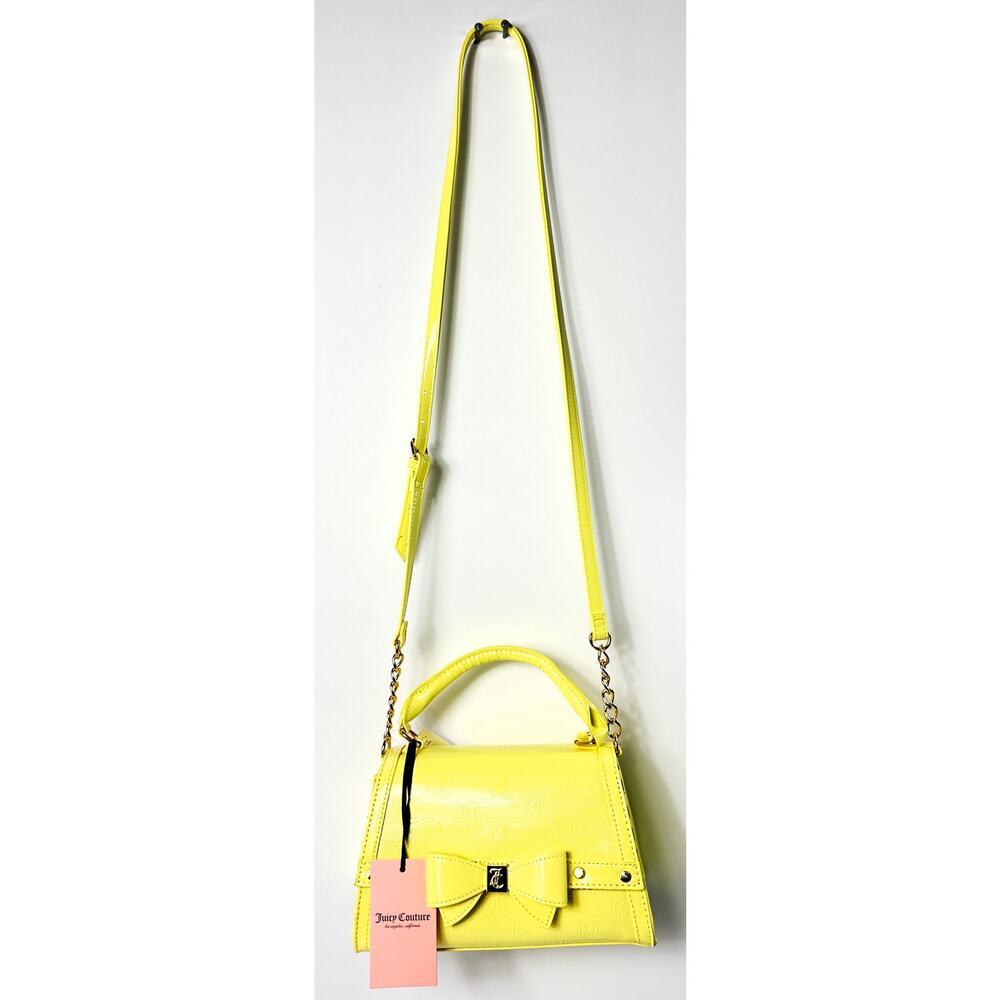 Juicy Couture Purse‎ Yellow Pear  -Top Handle Crossbody Glossy Leather, Gold Bow - Picture 4 of 6